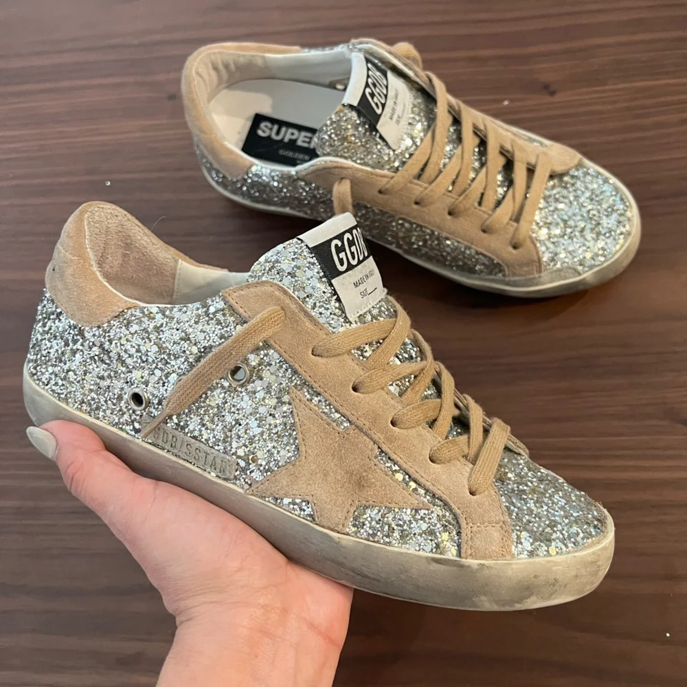 Golden Goose Beige and Silver Glitter Sneakers - Picture 2 of 16